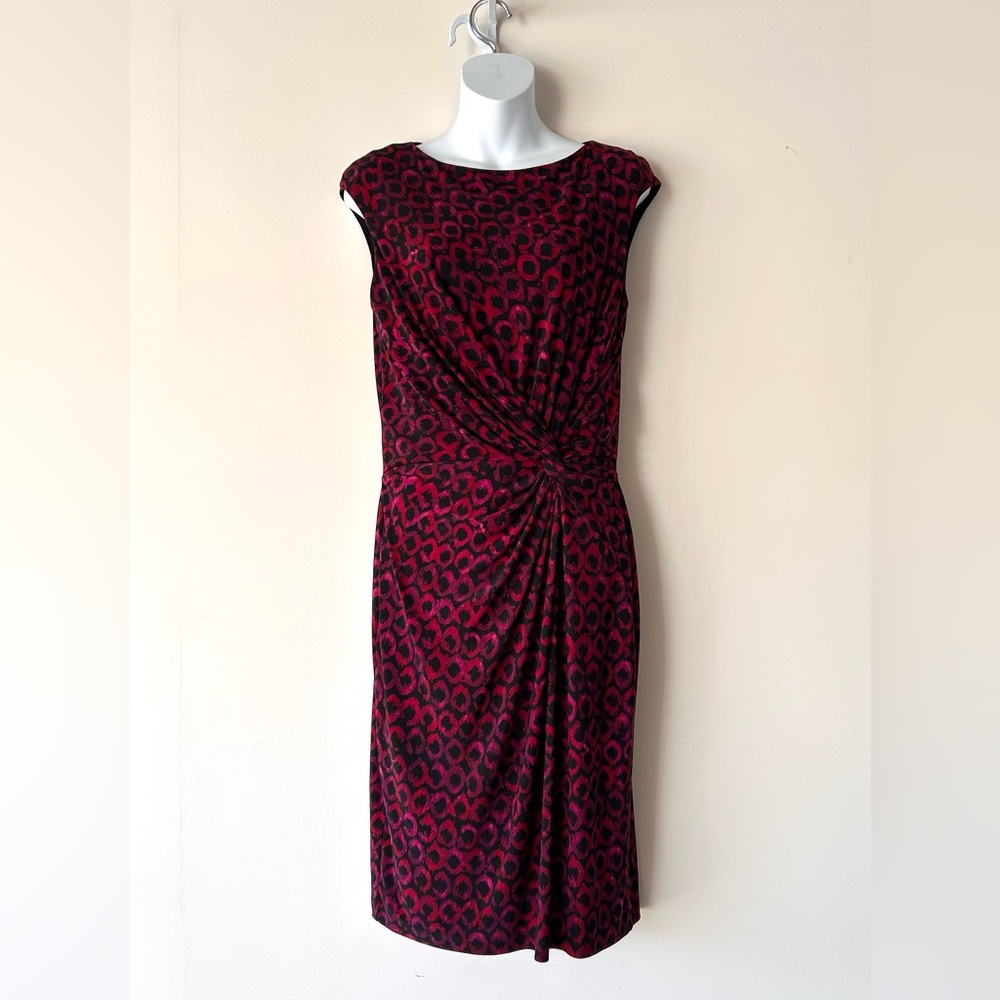 Lauren Ralph Lauren Red Black Purple Sheath Knot Dress Geometric Print Size 10